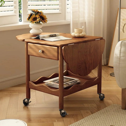 Wooden drop-leaf side table with drawer, on Eight Pack 2 Inch Antique Brass Ball Caster Wheels With Brakes Swivel Casters.
