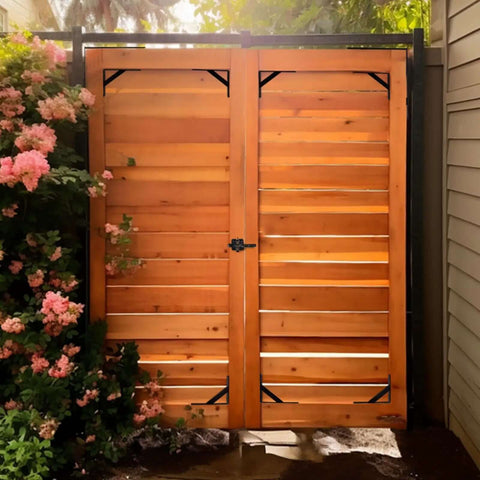 Wooden fence gate with Heavy Duty Anti Sag Gate Kit With Latch For Wooden Fence Gates, Corner Brace Brackets, and rust-resistant steel.