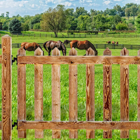 Wooden gate with Heavy Duty Gate Hinges, 2Pack High Strength Steel with Electroplated Finish, in a green pasture setting.