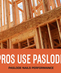 Wood framing of a building with text overlay 'Pros Use Paslode', showcasing framing construction stage using XP Framing Nailer