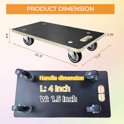 Heavy duty wood furniture dolly set of 2 with 4 wheels, 22 x 11 inch platform dimensions, close-up of handle and silent swivel casters.