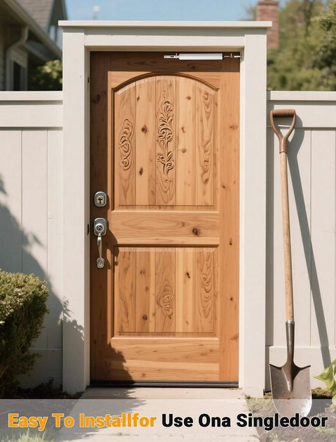 Wooden single door with intricate carvings and a metal lock in a white frame, shovel leaning against door, outdoor setting with greenery