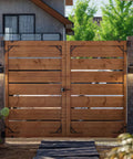 Wooden driveway gate with Heavy Duty Anti Sag Gate Kit With 90 Degree Bracket And Hinges For Wooden Fences installed, sunny day
