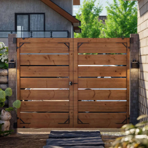 Wooden driveway gate with Heavy Duty Anti Sag Gate Kit With 90 Degree Bracket And Hinges For Wooden Fences installed, sunny day