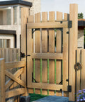 Heavy Duty Anti Sag Gate Kit With 90 Degree Bracket And Hinges for Wooden Fences, shown installed on a wooden fence gate in a garden setting.