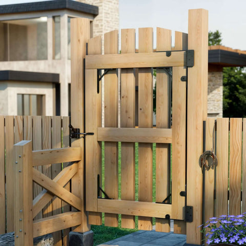 Heavy Duty Anti Sag Gate Kit With 90 Degree Bracket And Hinges for Wooden Fences, shown installed on a wooden fence gate in a garden setting.
