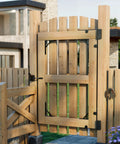 Wooden fence gate with Anti Sag Gate Kit With 90 Degree Gate Corner Bracket And Heavy Duty Hinges for stability and security.