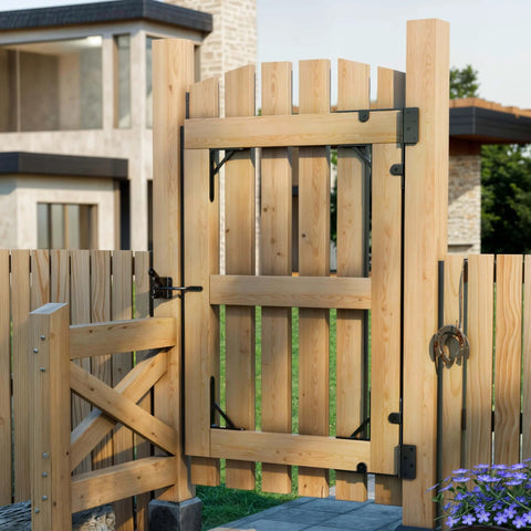 Wooden fence gate with Anti Sag Gate Kit With 90 Degree Gate Corner Bracket And Heavy Duty Hinges for stability and security.