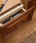 Top-down view of an open kitchen drawer with wooden cabinet adorned with a Set Of 12 Antique Brass Cabinet Pulls With Back Plates, 5-inch length.