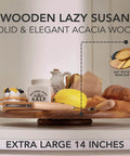 18 inch acacia wood lazy susan cabinet organizer on a shelf, showcasing solid wood design and rotating tray functionality.