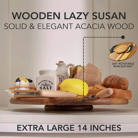 18 inch acacia wood lazy susan cabinet organizer on a shelf, showcasing solid wood design and rotating tray functionality.