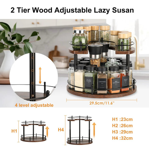 Two Tier Wooden Spinning Lazy Susan Spice Rack With U Shape Design For Tall And Short Bottles Adjustable Height 12 Inch Rotating Spice Organizer