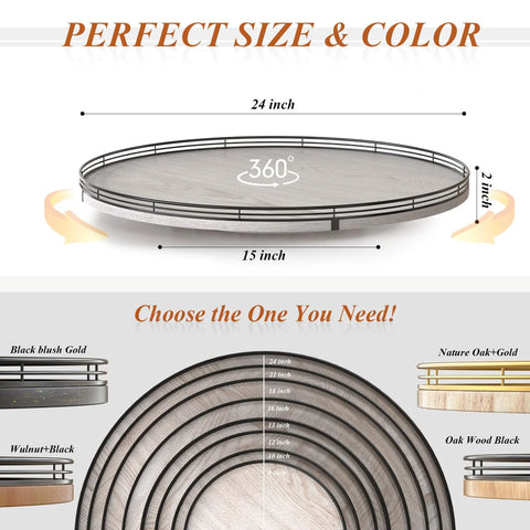 Illustration of 24 Inch Round Wooden Lazy Susan Turntable for Kitchen and Dining Room Organization with size and color options.