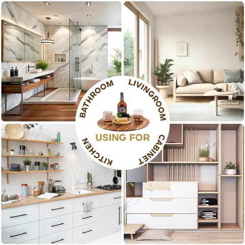 Montage showing 18 Inch Acacia Wood Turntable Organizer Lazy Susan for bathroom, living room, kitchen, and cabinet use.