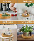 12 inch wooden lazy susan turntable organizer with handles, rotating acacia wood tray displayed in kitchen, bedroom, bathroom, and living room.