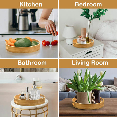 12 inch wooden lazy susan turntable organizer with handles, rotating acacia wood tray displayed in kitchen, bedroom, bathroom, and living room.