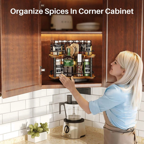 Woman using 12 Inch D Shaped Lazy Susan Spice Rack Organizer, Height Adjustable Two Tier Rotating Turntable in kitchen cabinet.