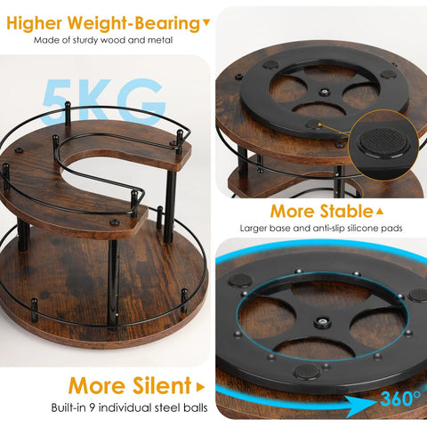 Two Tier Wooden Spinning Lazy Susan Spice Rack With U Shape Design For Tall And Short Bottles Adjustable Height 12 Inch