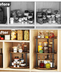 Before and after of cabinet organization with 12.2 Inch Wood Lazy Susan Turntable Organizer With Two Tiers for optimized storage.