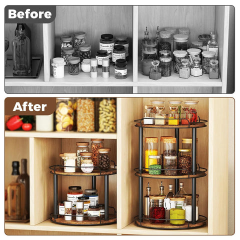 Before and after of cabinet organization with 12.2 Inch Wood Lazy Susan Turntable Organizer With Two Tiers for optimized storage.