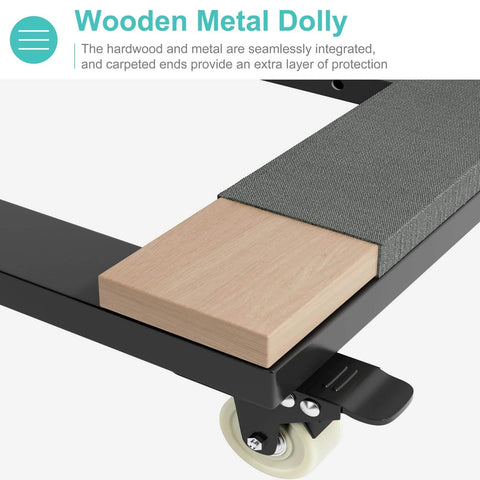Close-up of heavy duty adjustable furniture moving dolly with wood and metal frame, swivel caster wheel, carpeted surface, and brake.