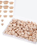 Image of a 150 Pcs Wooden Hole Plugs Set in four sizes, visible in storage box, suitable for cabinets, tables, and chair legs.