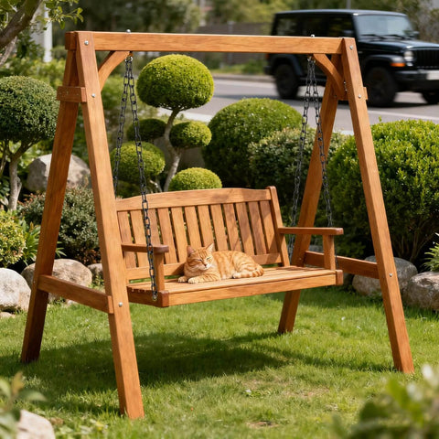 Wooden garden swing with metal chains holding a cat, featuring Long Black Chain Link 1/4" x 19.7 Ft, Heavy Duty Metal Porch Swing Chain for Hanging, Carbon Steel Coil Chains for Outdoor Fence