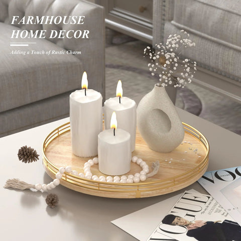 13 Inch Round Wooden Lazy Susan Turntable Organizer with candles and vase for cabinet and pantry storage, dining table decor.