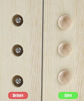 Before and after view of 50 Piece Wooden Button Top Screw Hole Plugs For Furniture And Home, hiding screws on wooden surface.