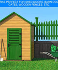 Wooden shed with green door featuring Heavy Duty Gate Hinges 3.5 inch 4 Pack Extra Thick Industrial T Hinges, wheelbarrow nearby.