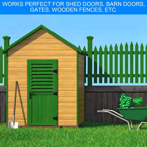 Wooden shed with green door featuring Heavy Duty Gate Hinges 3.5 inch 4 Pack Extra Thick Industrial T Hinges, wheelbarrow nearby.