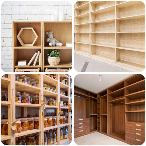 Wooden shelving units showcasing various organizational styles and uses, potential applications for Hardened Steel Dowel Pins One Quarter Inch.