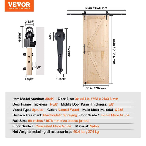 Sliding Barn Door 30 Inch Wide By 84 Inch High With Included Hardware Kit And Handle For Interior Rooms And Storage Closets Waterproof Solid Wood K Frame DIY Stainable Natural Finish Easy Assembly Smooth Sliding Action Durable Construction, shown with measurements and hardware details.