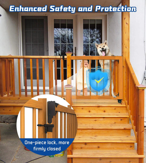 Heavy Duty Sliding Gate Kit with Latch installed on wooden deck for safety, featuring universal hardware ideal for backyards and pets.