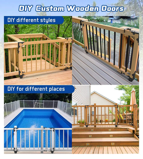 Heavy Duty Sliding Gate Kit with Latch and Manual Universal Hardware for Wooden Gates Ideal for Backyard Patio Deck Stairway Hallway and Pet Safety with Smooth Quiet No Sag Operation shown on different style gates and locations