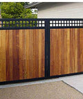 Dual wooden and metal gate installed on concrete with grid pattern top panel, showcasing Pulley,Pulley Wheel, Sliding Gate Roller.