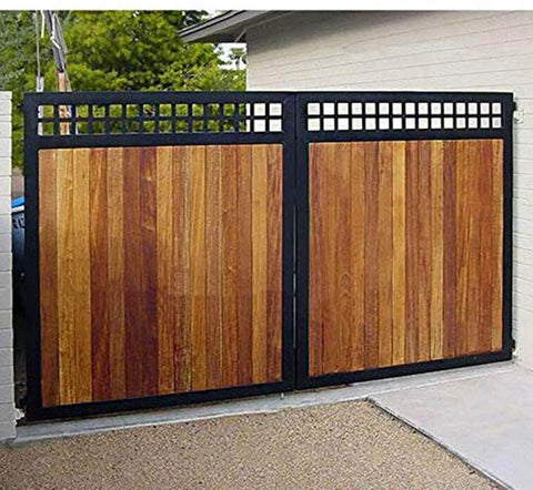Dual wooden and metal gate installed on concrete with grid pattern top panel, showcasing Pulley,Pulley Wheel, Sliding Gate Roller.