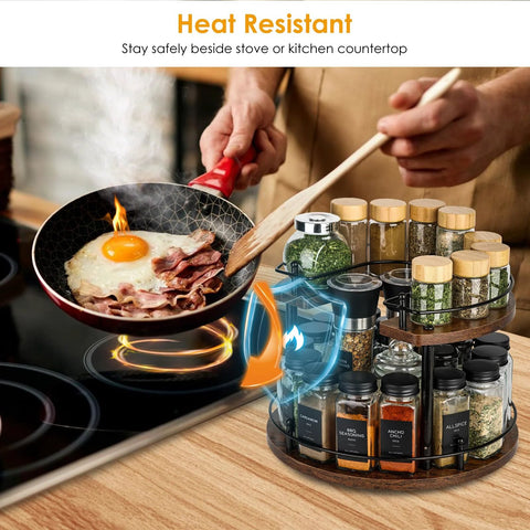 Two Tier Wooden Spinning Lazy Susan Spice Rack next to stove, organizing spices in kitchen with heat-resistant features.