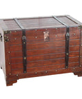 Vintage wooden trunk with metal straps and front latch, suitable for storage or decor in homes and offices.