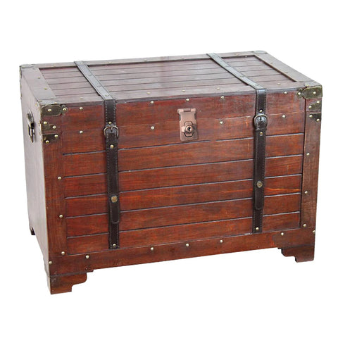 Vintage wooden trunk with metal straps and front latch, suitable for storage or decor in homes and offices.