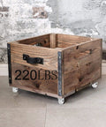Wooden crate on 4 Pack Swivel Caster Wheels for Furniture 2 Inch Heavy Duty Crystal Clear Polyurethane, labeled 220 lbs.
