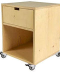 Wooden cabinet with 2 inch heavy duty caster wheels set of 4 with 2 brakes and bolts up to 440 lbs each equipped for smooth mobility.