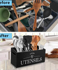 Before and after comparison of a kitchen utensil organizer showing cluttered drawer and organized utensils in a black wooden holder on countertop.