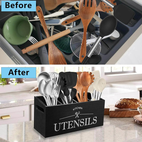 Before and after comparison of a kitchen utensil organizer showing cluttered drawer and organized utensils in a black wooden holder on countertop.