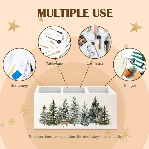 Christmas Tree Wooden Utensils Holder with winter forest landscape design, showcasing multiple uses for tables, cosmetics, gadgets, and stationery.