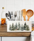 Christmas Tree Wooden Utensils Holder with Farmhouse Xmas Reindeer Winter Forest Landscape on kitchen countertop with utensils