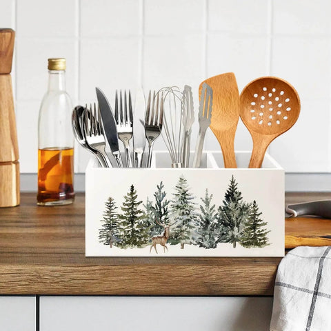 Christmas Tree Wooden Utensils Holder with Farmhouse Xmas Reindeer Winter Forest Landscape on kitchen countertop with utensils