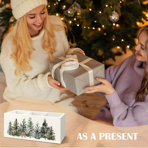 Two people exchanging a gift with a Christmas Tree Wooden Utensils Holder, Farmhouse Xmas Reindeer Winter Forest Landscape design.