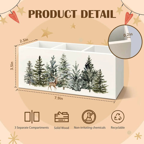 Christmas Tree Wooden Utensils Holder with winter forest design, 3 compartments, for kitchen countertop or desk decor.