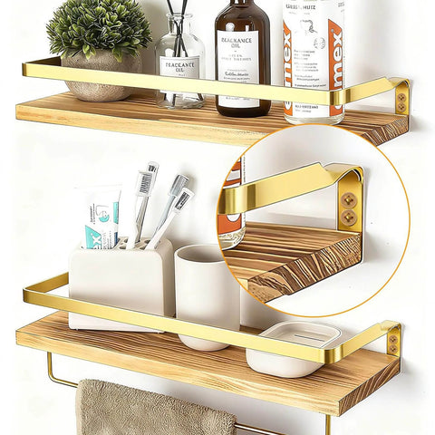 Wooden wall shelves with gold brackets displaying toiletries and plants, using 180 pcs self drilling drywall anchors and screws kit.